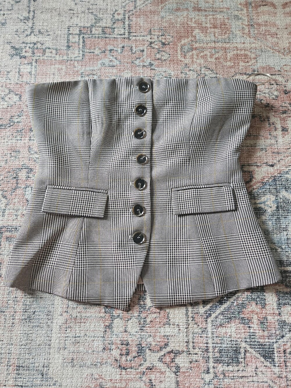 Strapless Button-Front Plaid Peplum Top
